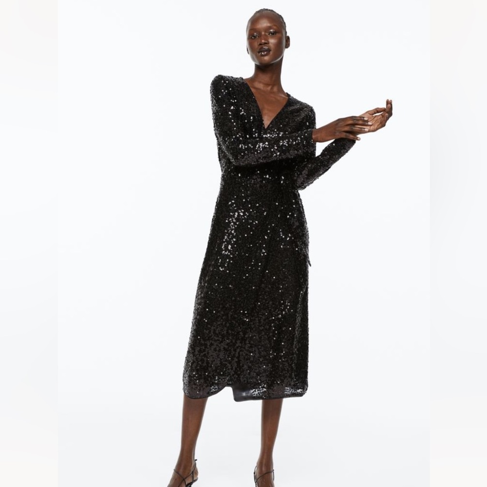 Black Sequined Wrap Dress NWT